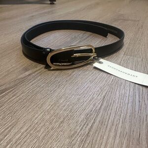 Anthropologie Thin Black Leather Belt with Gold Oval Buckle